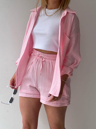 Hot Girl Soft Rayon Textured Button Up Shirt and Drawstring Shorts Two Piece Set