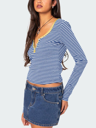 Hot Girl Striped Henley Long Sleeve T-Shirt