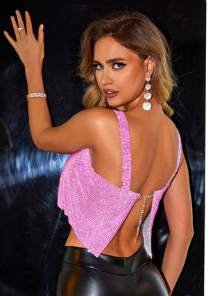 Hot Girl Backless Square Neck Rhinestone Sparkle Top In Pink - Hot Girl Apparel