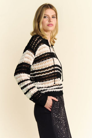 Hot Girl X Davi & Dani Contrast Striped Crochet Knit Long Sleeve Top