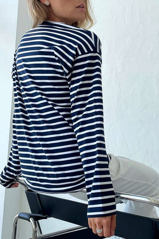 Hot Girl Striped Crewneck Cotton Long Sleeve Tee