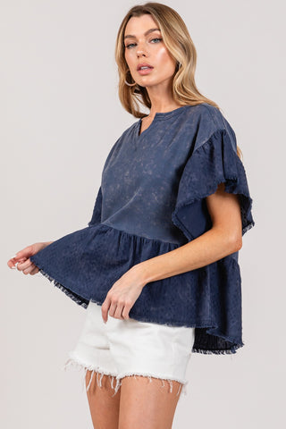 Hot Girl SAGE + FIG Ruffle Sleeve Washed In Navy Short Sleeve Blouse