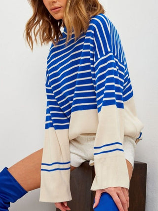 Hot Girl Cardona Contrast Striped Mock Neck Bell Sleeve Sweater