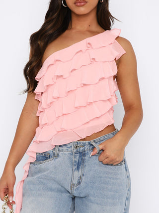 Hot Girl Layered Ruffled One Shoulder Short Sleeve Top