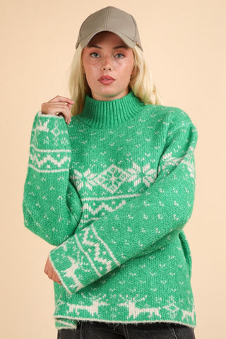 Hot Girl VERY J Christmas Fair Isle Mock Neck Sweater In Green