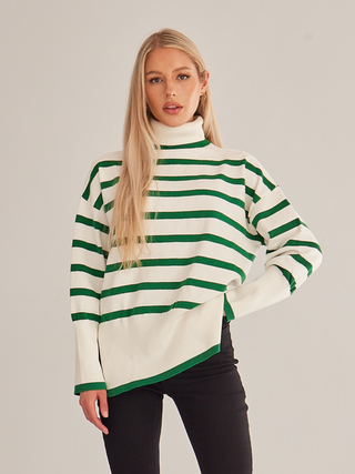 Hot Girl Striped Turtleneck Side Slit Sweater