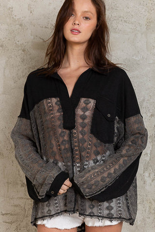 Hot Girl Johnny Collar Lace Long Sleeve Shirt In Black