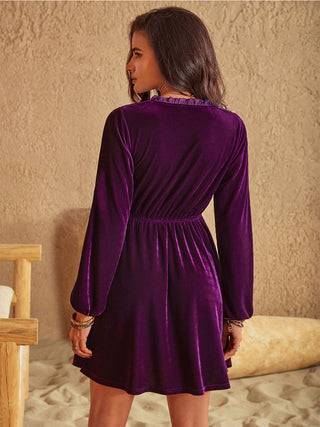 Hot Girl Boho Ruffled Velveteen Long Sleeve Mini Dress In Plum - Hot Girl Apparel