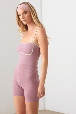 Hot Girl Le Lis Contrast Trim Ribbed Knit Bodycon Romper In Mauve