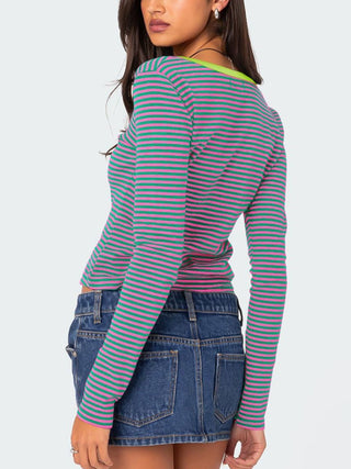 Hot Girl Striped Henley Long Sleeve T-Shirt