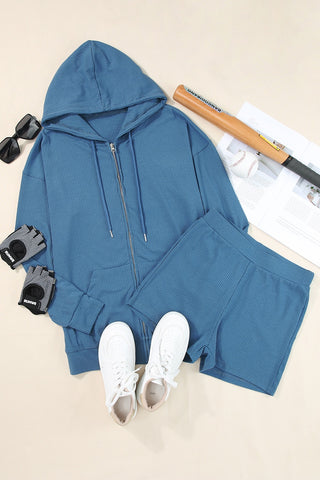 Hot Girl Drawstring Zip Up Sweatshirt and Shorts Lounge Two Piece Set