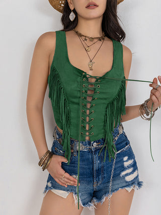 Hot Girl Cowboy Fringe Lace-Up Wide Strap Tank In Green Short Sleeve Top