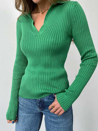 Hot Girl Oh Johnny Collar Ribbed Knit Long Sleeve Top