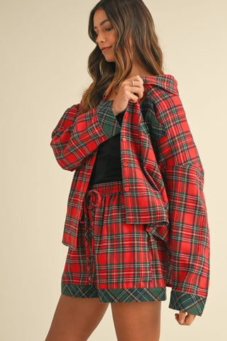 Hot Girl Annie Wear Contrast Plaid Long Sleeve Top and Short Lounge Set