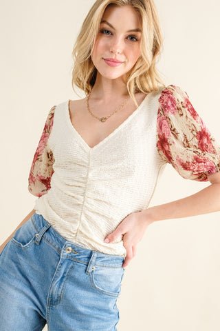 Hot Girl And The Why Vintage Floral  Textured Sleeve Knit Short Sleeve Top