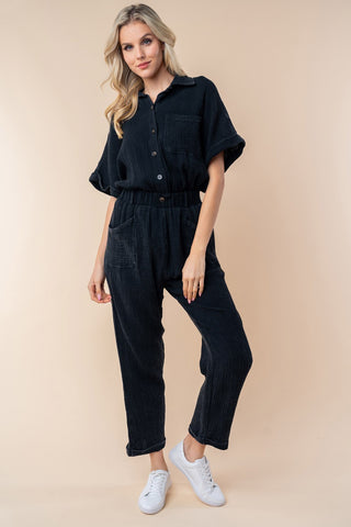 Hot Girl White Birch Gauze Knit Short Sleeve Jumpsuit In Black - Hot Girl Apparel