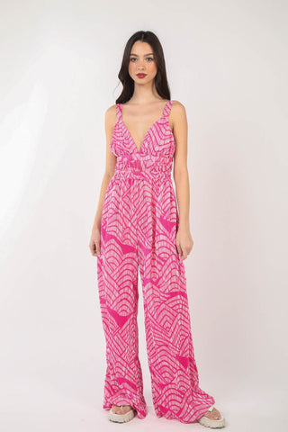 Hot Girl Geometric Pleated Sleeveless Wide Leg Jumpsuit In Hot Pink - Hot Girl Apparel