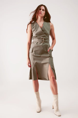 Hot Girl Tie Waist Wrap Cargo Midi Dress In Deep Khaki