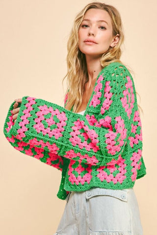 Hot Girl X Davi & Dani Two Tone Flower Crochet Open Front Cardigan In Green