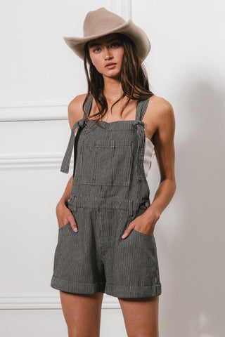 Hot Girl Tie Strap Washed Stripe Denim Overalls In Charcoal - Hot Girl Apparel