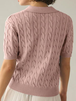 Hot Girl Cable Knit Collared Neck Half Sleeve Sweater