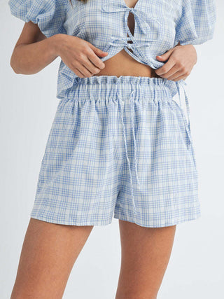 Hot Girl Pretty In Plaid Puff Sleeve Tied Top and Shorts Set