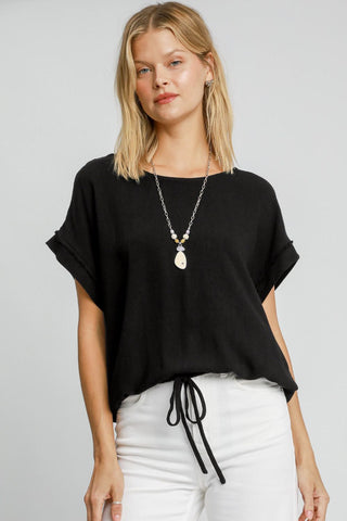 Hot Girk X Umgee Drawstring Hem Linen Short Sleeve T-Shirt In Black