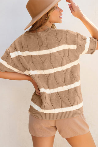 Hot Girl Striped Cable-Knit Cotton Blend Short Sleeve Sweater In Tan