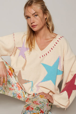 Hot Girl V Neck Tasseled Star Spangled Fringe Sweater In Cream