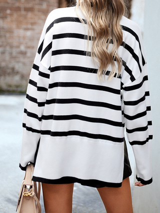 Hot Girl Striped Turtleneck Side Slit Sweater