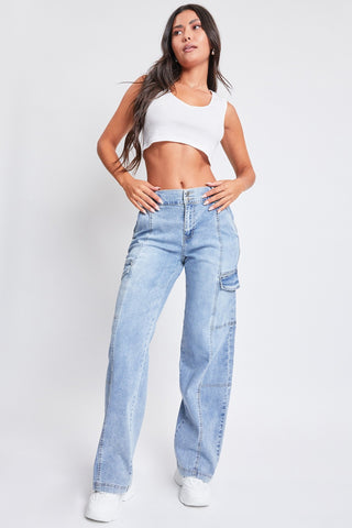 Hot Girl YMI High-Rise Straight Cargo Jeans In Light Wash - Hot Girl Apparel