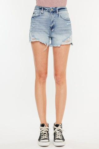 Hot Girl X Kancan Distressed High Waist Denim Shorts In Medium Wash