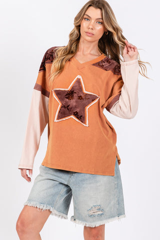 Hot Girl SAGE + FIG All Star Patch Color Block Long Sleeve T-Shirt In Rust