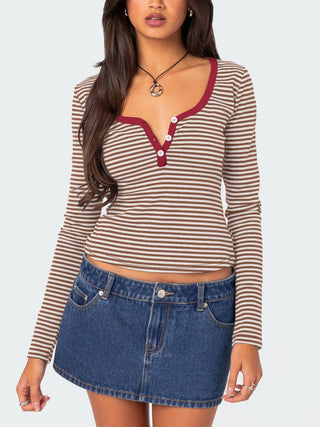 Hot Girl Striped Henley Long Sleeve T-Shirt