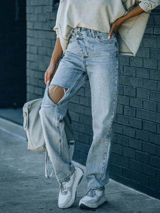 Hot Girl Distressed Asymmetric Waist Jeans