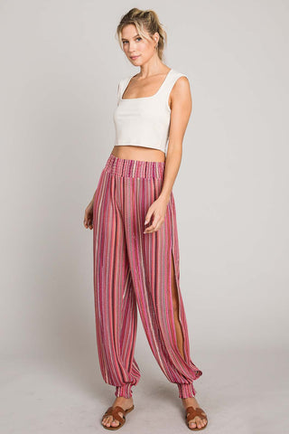 Hot Girl Nu Label Boho Striped Smocked Cover Up Pants In Fuchsia