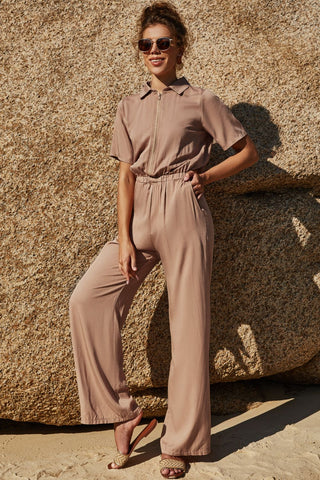 Hot Girl Satin Zip Up Short Sleeve Collared Jumpsuit In Tan