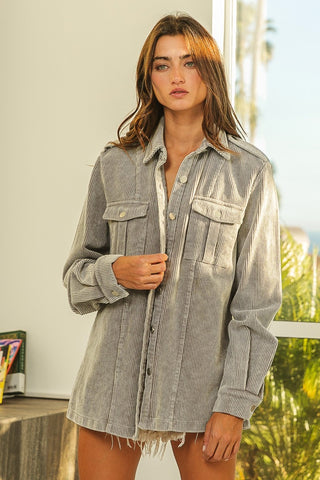 Hot Girl Button Up Corduroy Shacket In Grey