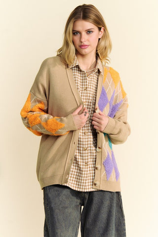 Hot Girl Davi & Dani Argyle V-Neck Color Pop Cardigan In Tan