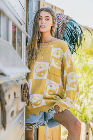 Hot Girl And The Why Checkerboard Yin Yang Sweater In Mustard