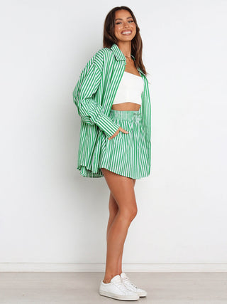 Hot Girl Striped Button Up Shoulder Shirt and Shorts Two Piece Set