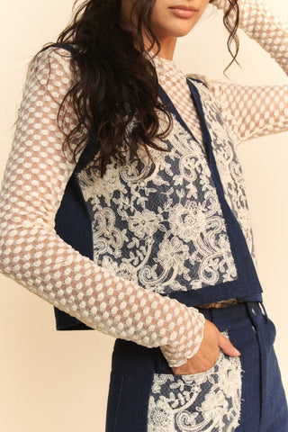 Hot Girl X Davi & Dani Lace Appliqué Open Front Denim Vest Top