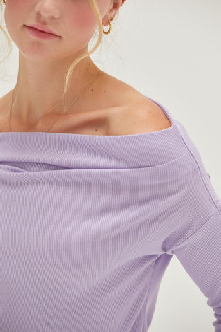 Hit Girl HYFVE Off Shoulder Ribbed Knit Long Sleeve Top In Lilac