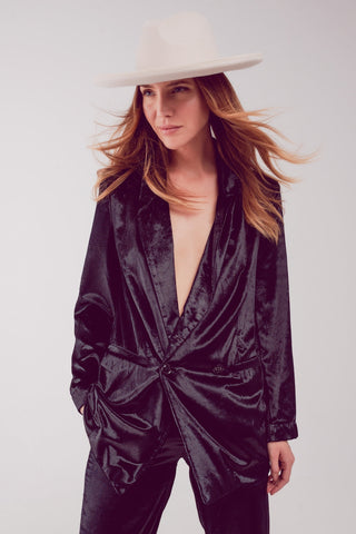 Hot Girl Midnight Hour Velvet Oversized Blazer Jacket In Black