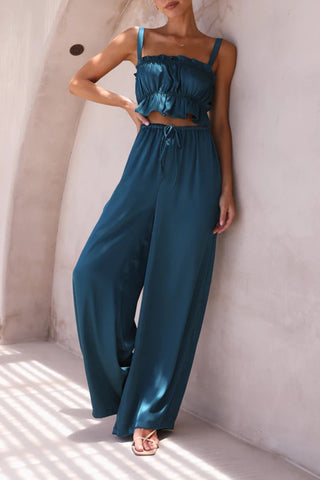 Hot Girl Ruffled Sateen Tank Top and Wide Leg Pants Two Piece Set Set