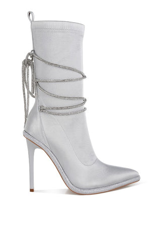 Hot Girl X London Rag Dacia Rhinestone Strap Satin Calf Boots