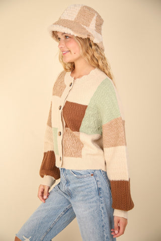 Hot Girl Funky Town Color Block Textured Cotton Cardigan In Oatmeal