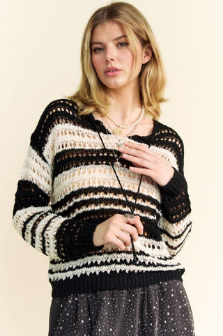 Hot Girl X Davi & Dani Contrast Striped Crochet Knit Long Sleeve Top