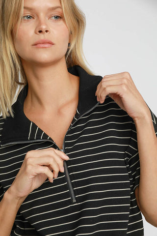 Girl X Umgee Striped Half Zip Short Sleeve Sweatshirt In Black