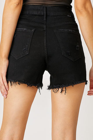 Hot Girl RISEN Frayed Hem Denim Shorts with Fringe Detail Pockets In Black